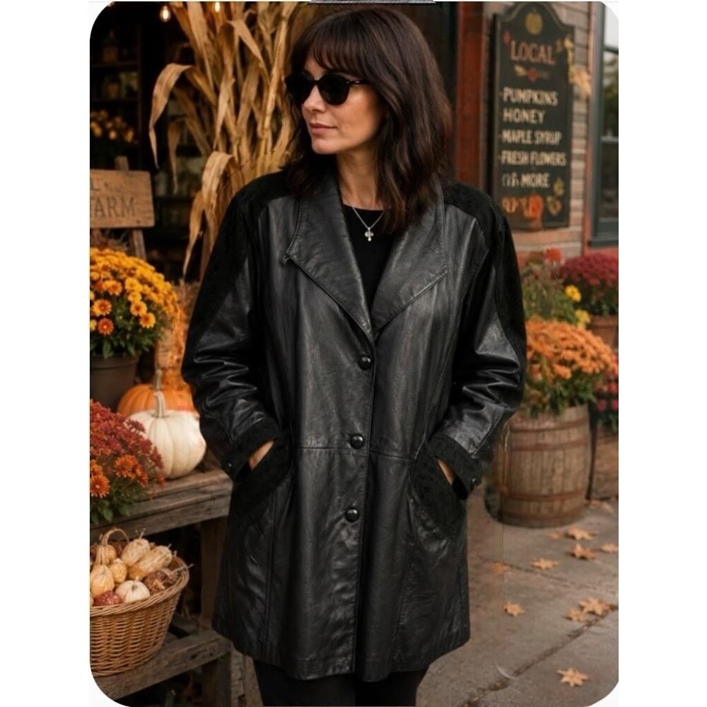Pelle Studio Leather Swing Coat Women XL Black Buttons Suede Trim Vintage 90s
